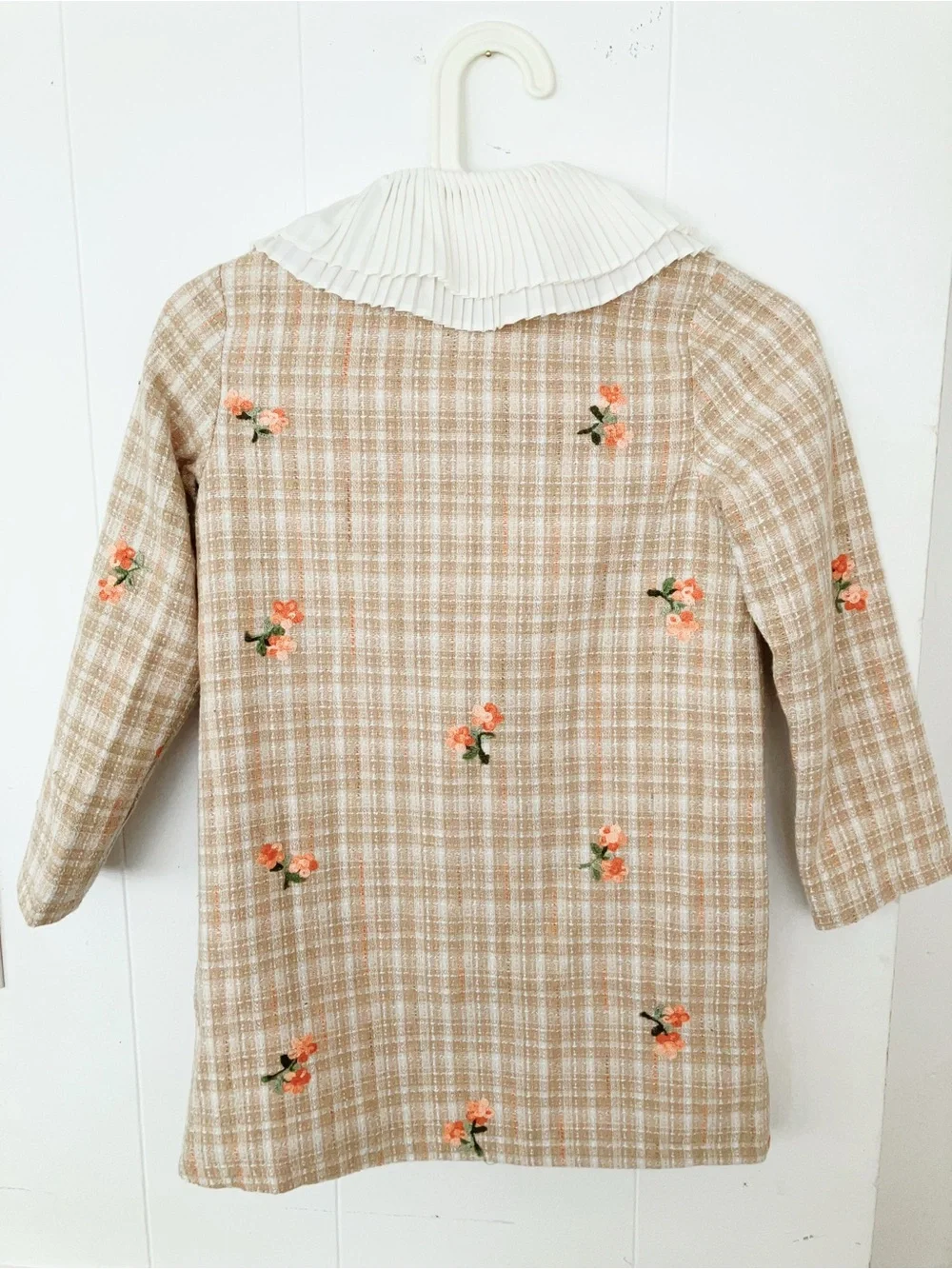 Girls Plaid Coat with Pleated Collar and Floral Embroidery